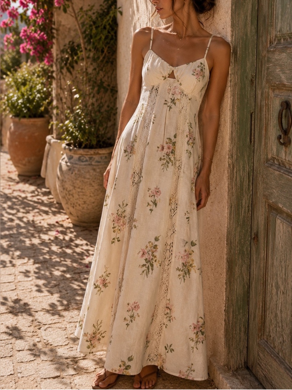 Caroline Constas Floral Crochet Inset Linen Maxi Dress NWT